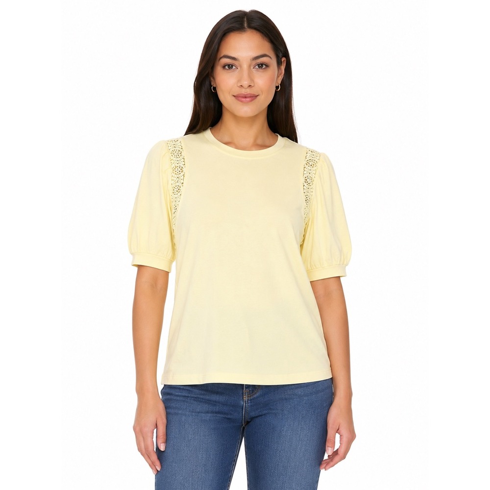 Como Blu Womens Yellow Puff Sleeve Crochet Lace Trim Knit Top Size Large